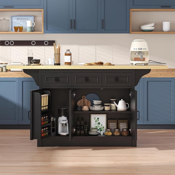 Winkalon 71.3" Large Kitchen Island with Drop Leaf, Power Outlet, Kitchen Island Cart with 3 Solid Drawers, Island Table with Trash Storage Cabinet & 3 Large Storage Rack, Spice Rack, Black