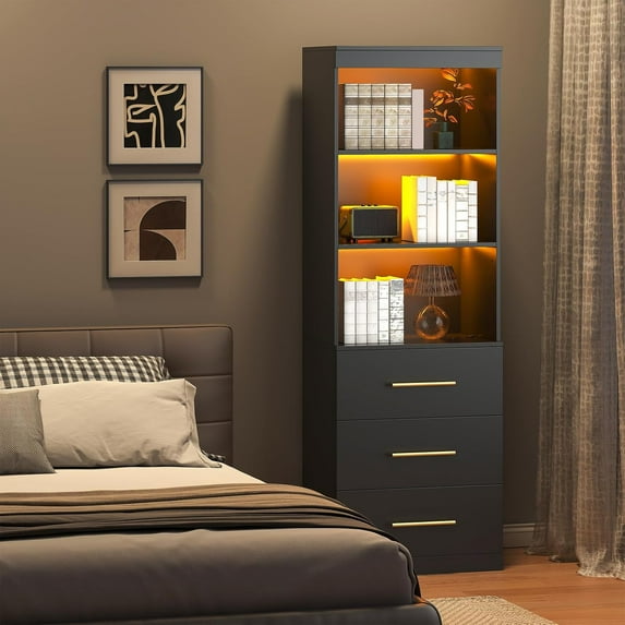 Winkalon 71“H Black Bookshelf with LED Light, Bookcase and Bookshelf with Drawers, Tall Bookcase Tall Storage Cabinet 3-Tier Open Shelves for Home Office Living Room Bedroom