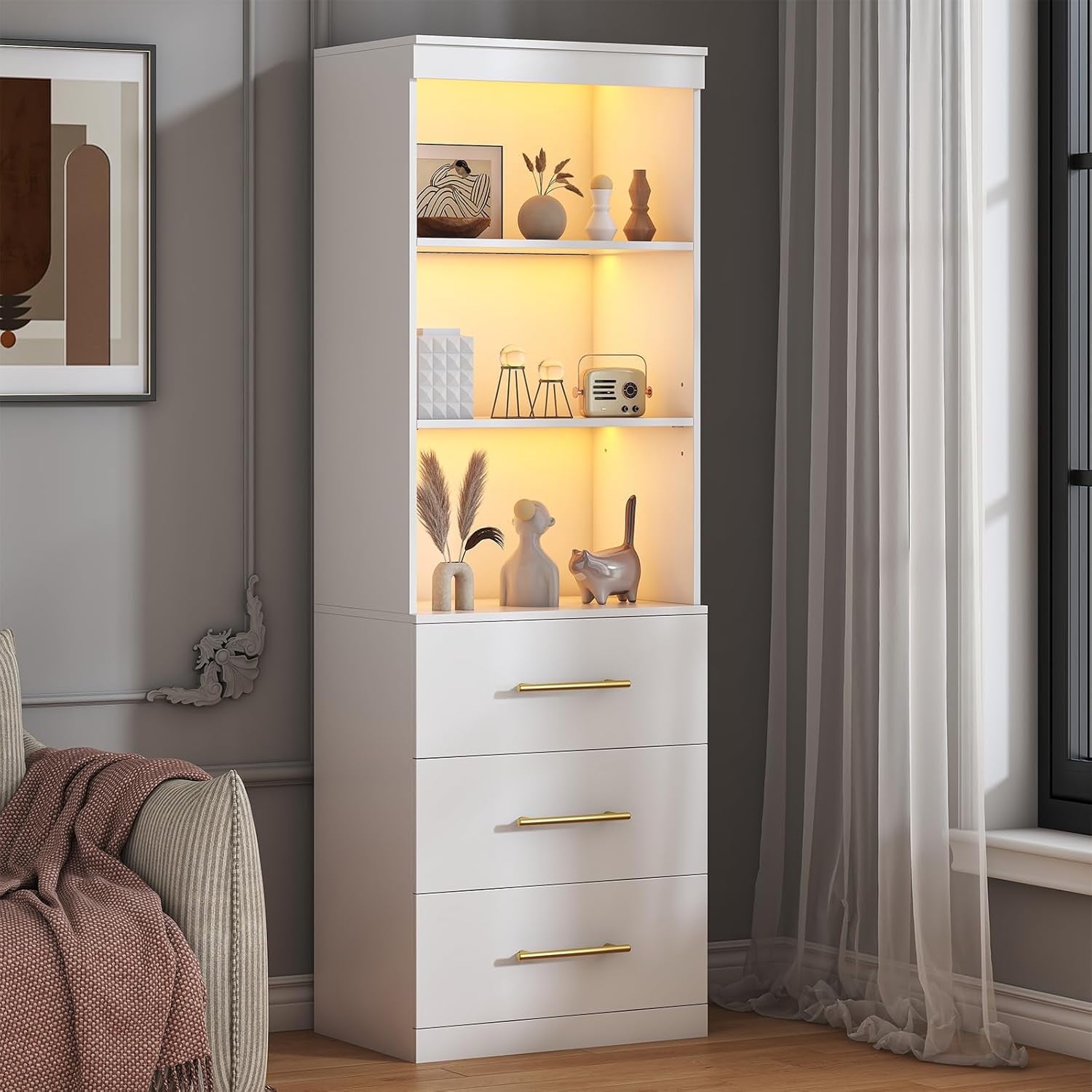Winkalon 71" H White Bookshelf with Drawers, Bookshelf and Bookcase with 3-Tier Open Shelves, Tall Bookcase Tall Storage Cabinet for Home Office