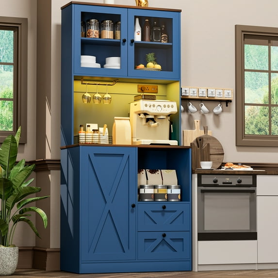Winkalon 71" Kitchen Pantry with LED Lights and Charging Station, Freestanding Kitchen Cupboard with Storage and Microwave Stand, Floor Cabinet for Dining Living Room, Blue