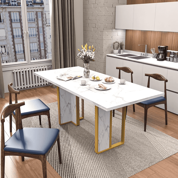 Winkalon 71" Modern Farmhouse Dining Table for 6-8 Person, Rectangular Wood Dining Table with Foot Pad, Kitchen Table for Dining Room, Gathering, Kitchen,Marble-White