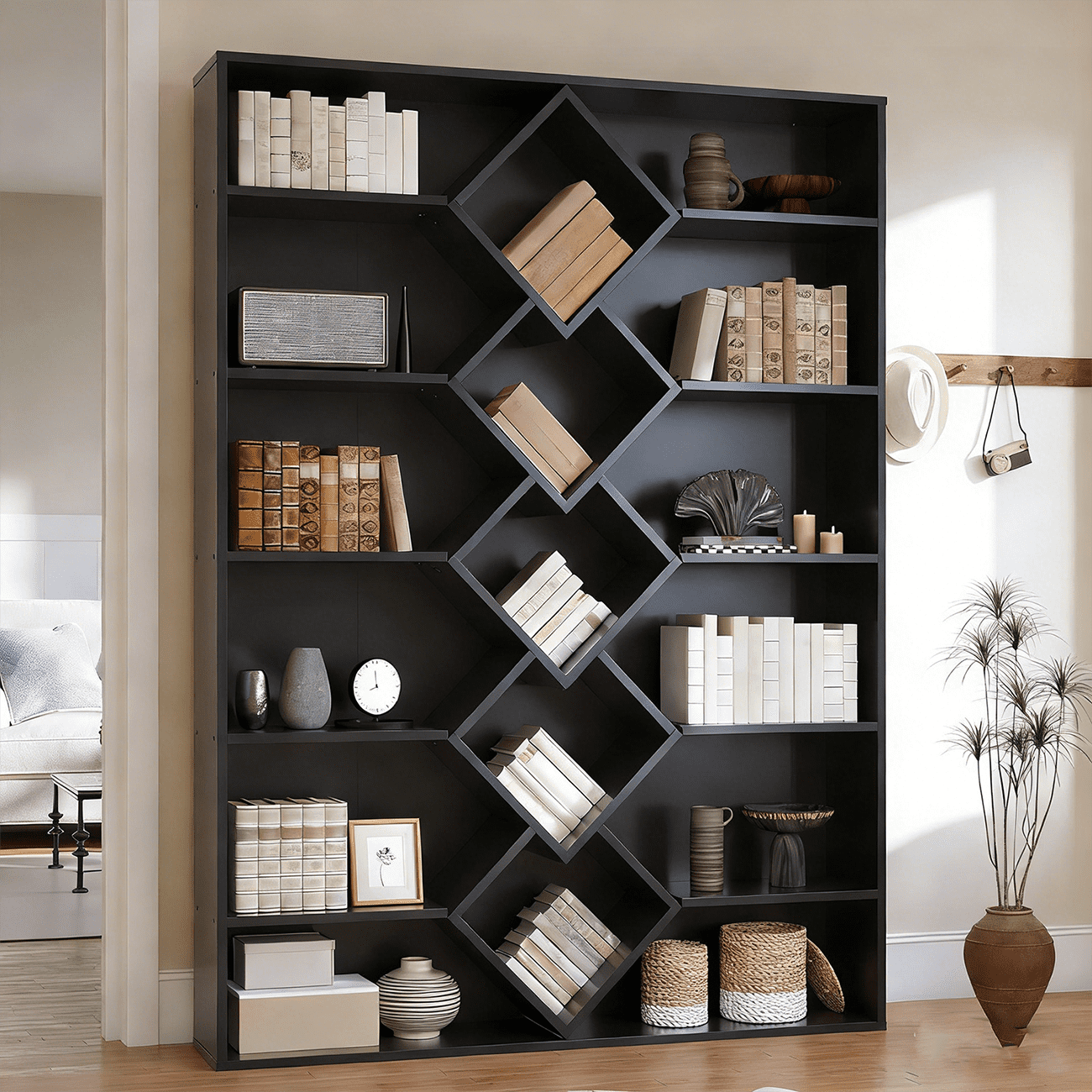 Winkalon 71" Triple Wide Bookshelf, 6 Tier Tall Bookshelf, Large Bookcase with Diamond Accent Compartments, Book Shelf with 17 Open Display Shelves for Living Room, Study, Black - Walmart.com