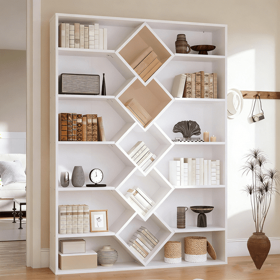 Winkalon 71" Triple Wide Bookshelf, 6 Tier Tall Bookshelf, Large Bookcase with Diamond Accent Compartments, Book Shelf with 17 Open Display Shelves for Living Room, Study, White