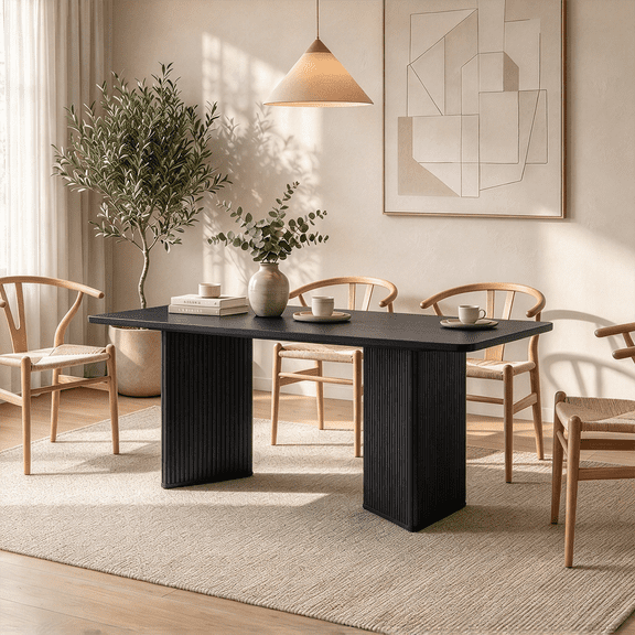Winkalon 71 inch Rectangular Wood Dining Table for 6-8 People, Modern Fluted Pedestal Kitchen Table, Heavy Duty Waterproof Thickened Tabletop, Farmhouse Long Dinner Table for Home Restaurant, Black