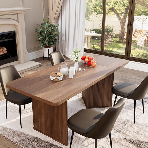 Winkalon 71 inch Rectangular Wood Dining Table for 6-8 People, Modern Fluted Pedestal Kitchen Table, Heavy Duty Waterproof Thickened Tabletop, Farmhouse Long Dinner Table for Home Restaurant,Brown