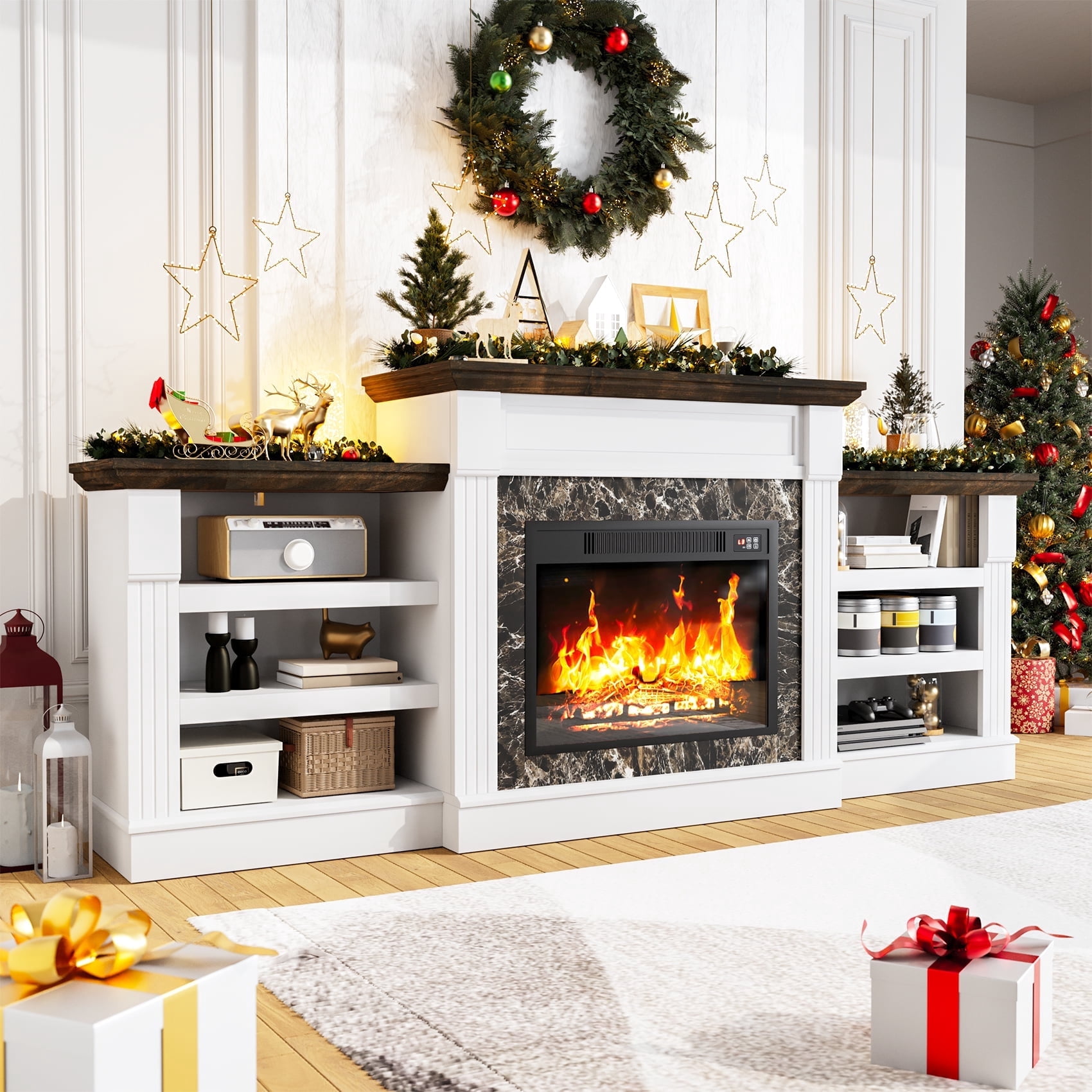 Winkalon 72" Fireplace TV Stand for 75 inch 80 inch TV, Electric Fireplace with Mantel, Farmhouse Entertainment Center with 23" Electric Fireplace, White Brown