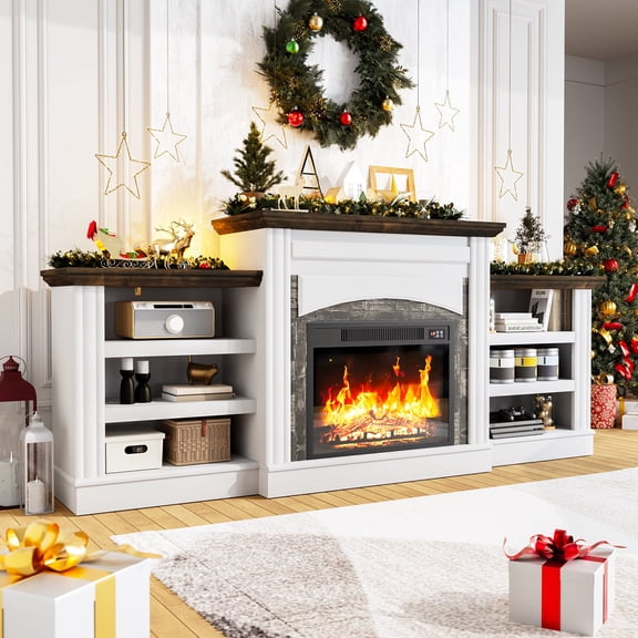 Winkalon 72" Fireplace TV Stand for 75 inch 80 inch TV, Electric Fireplace with Mantel, Farmhouse Entertainment Center with 23" Electric Fireplace, White Brown