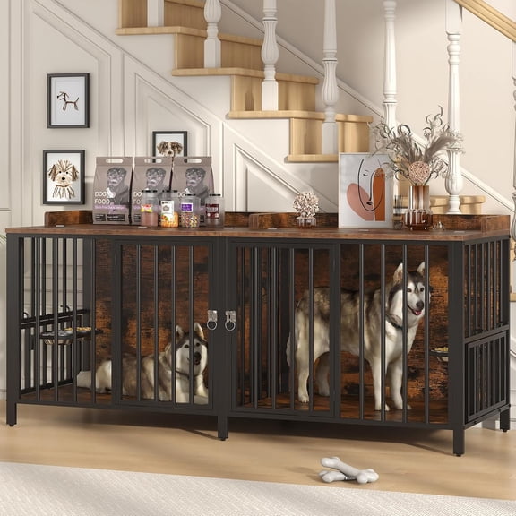Winkalon 78 Inch Dog Crate Furniture for Large Dog,Wood Dog Kennel Furniture Indoor with Bowls,Dog Cage Furniture as TV Stand,Brown