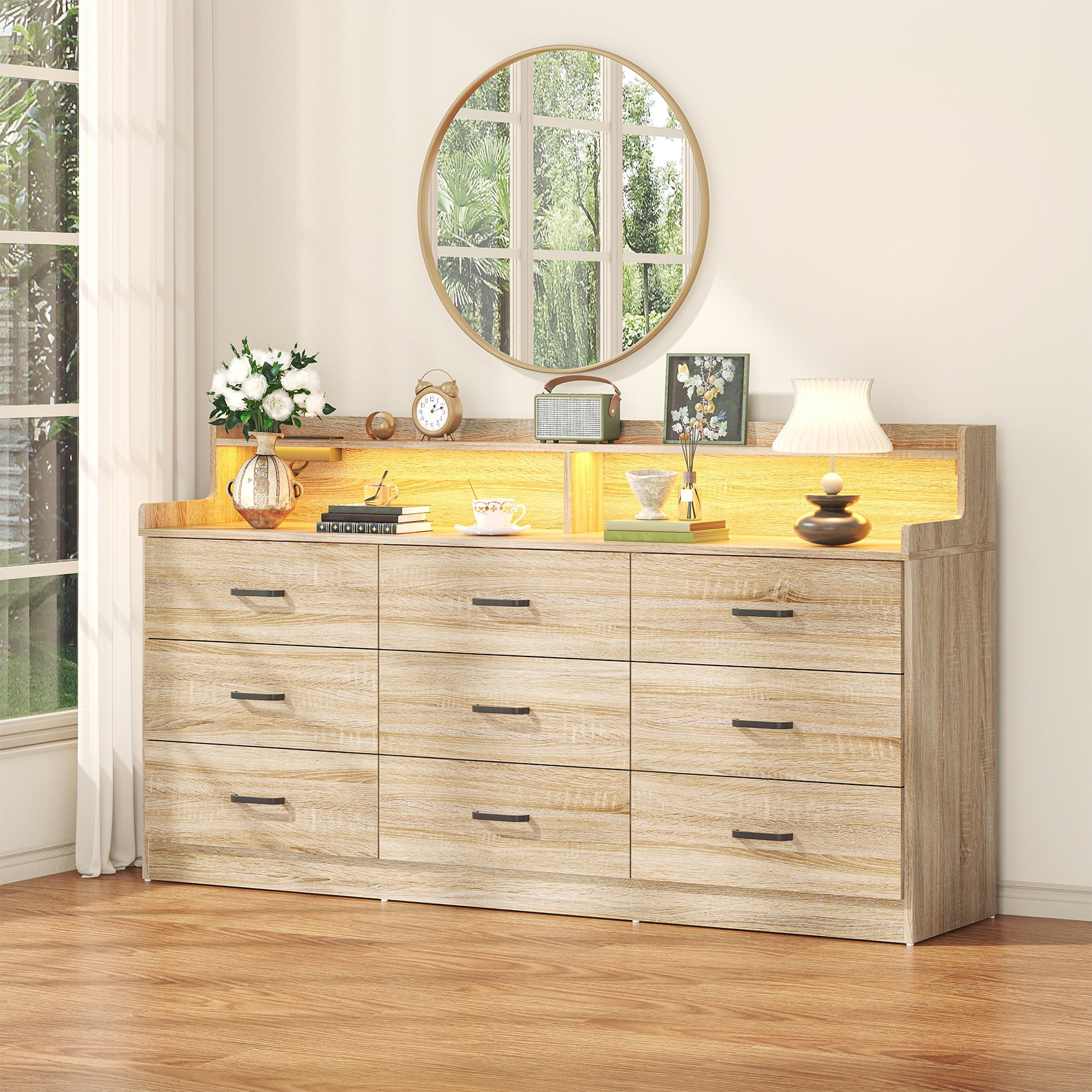 Winkalon 9 Drawer Dresser with LED Light & Charging Station, 63" Long Modern Dresser with 9 Drawers for Bedroom, Wooden Dresser Large Closet of Drawers