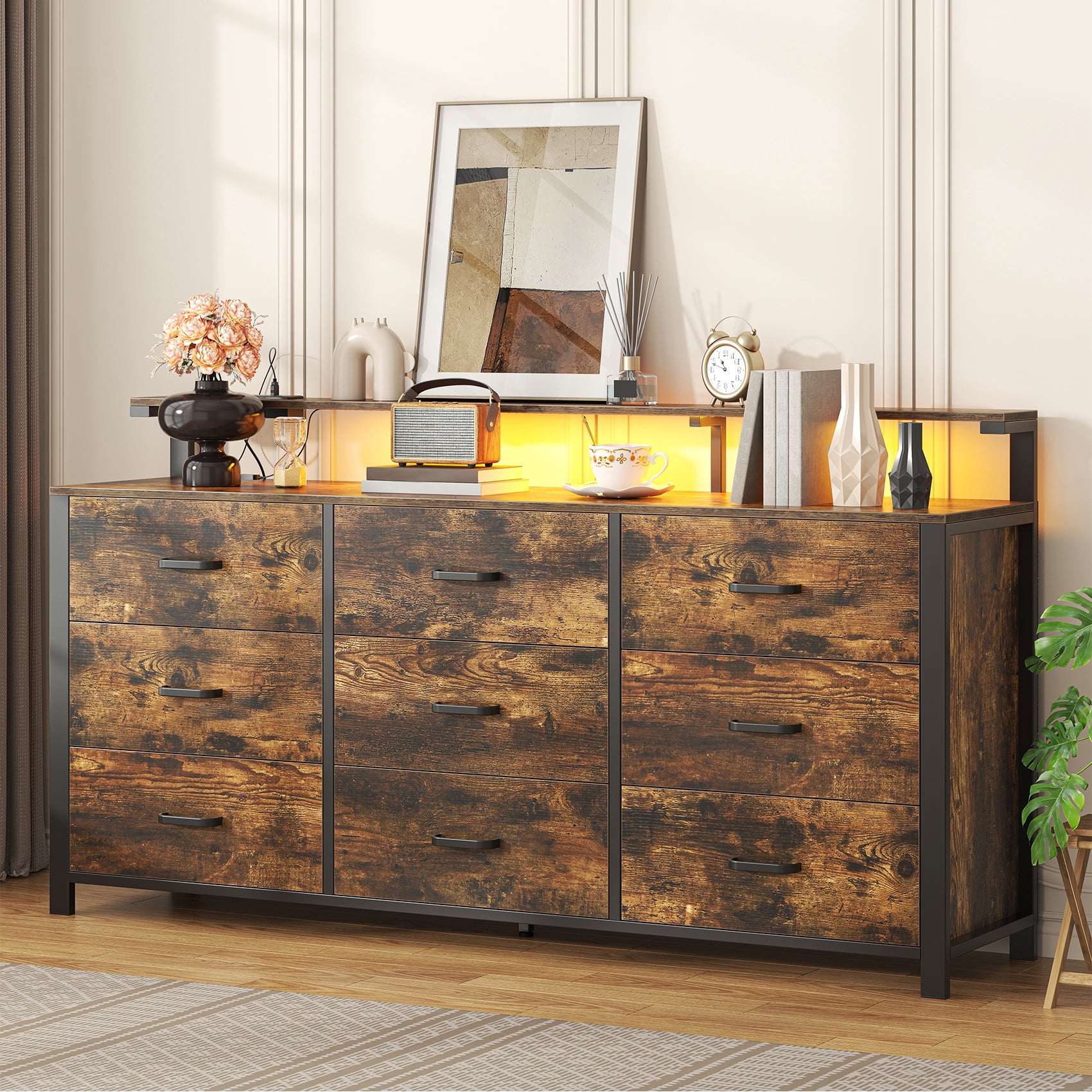 Winkalon 9 Drawer Dresser with LED Light & Charging Station, 63" Long Modern Dresser with 9 Drawers for Bedroom, Wooden Dresser Large Closet of Drawers