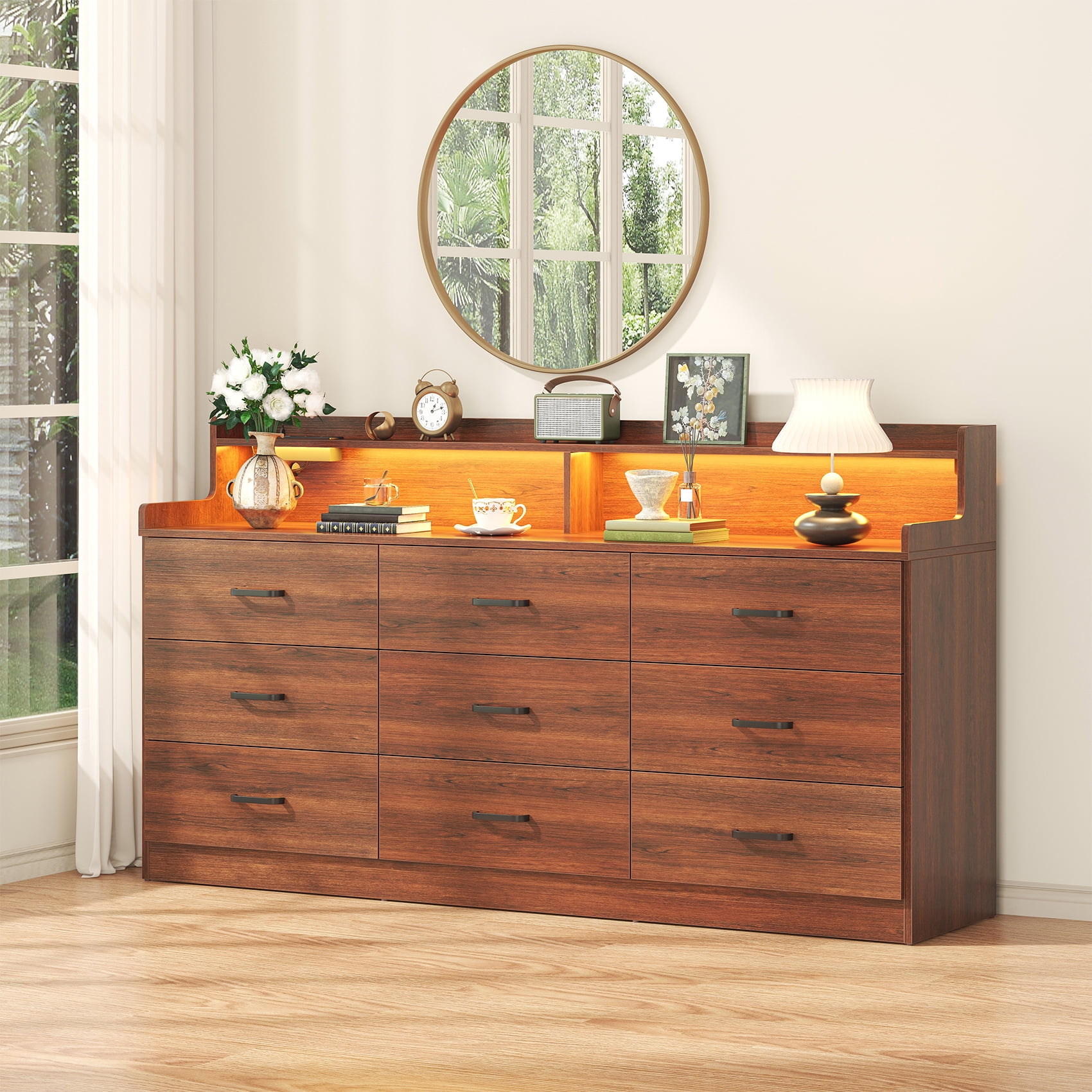 Winkalon 9 Drawer Dresser with LED Light & Charging Station, 63" Long Modern Dresser with 9 Drawers for Bedroom, Wooden Dresser Large Closet of Drawers