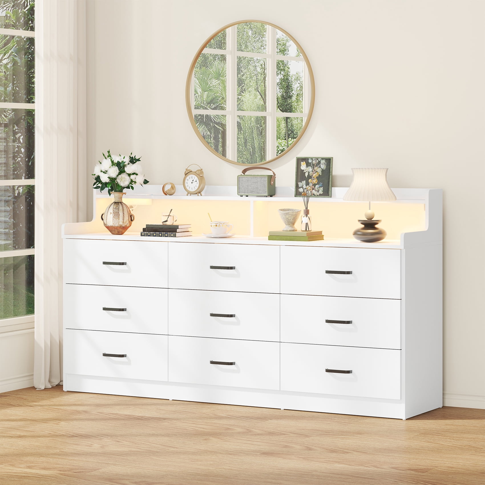 Winkalon 9 Drawer Dresser with LED Light & Charging Station, 63" Long Modern Dresser with 9 Drawers for Bedroom, Wooden Dresser Large Closet of Drawers