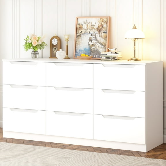 Winkalon 9 Drawers Double Dresser, Modern Wood Dresser Chest of Drawers with Large Storage Space for Bedroom,Living Room, Hallway, White