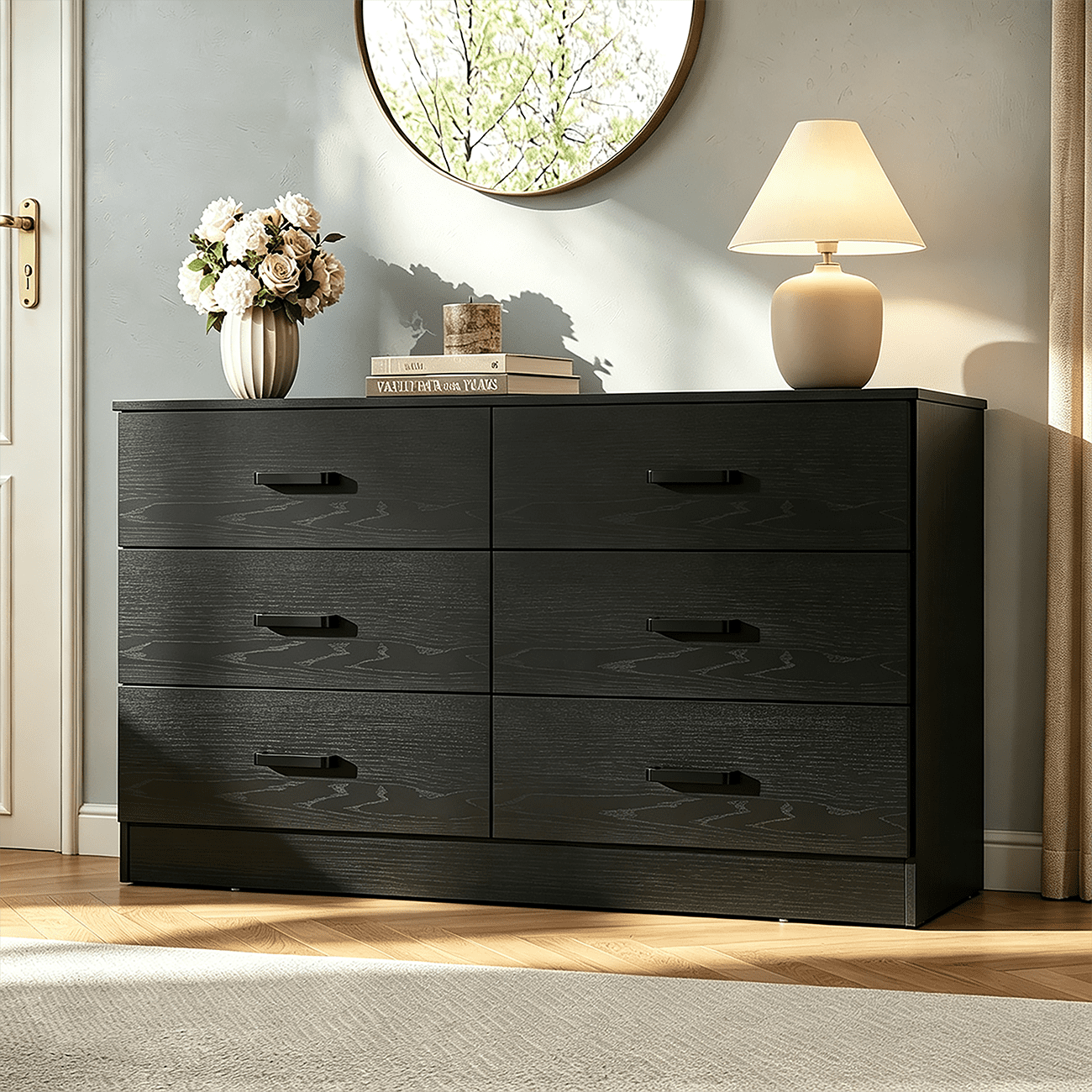 Winkalon Black Dresser for Bedroom, 6 Drawer Dresser Chest of Drawers, Wood Dressers for Closet, Wide Modern Dressers for Living Room, Hallway, 
