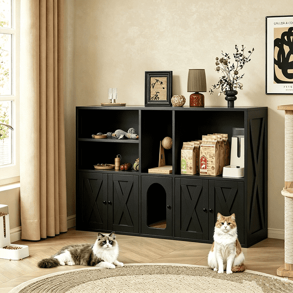 Winkalon Cat Litter Box Enclosure for 2 Cats with Scratch Pad, Hidden Litter Box Furniture with Storage Cabinet & Open Shelves, Black