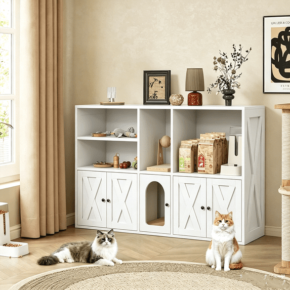 Winkalon Cat Litter Box Enclosure for 2 Cats with Scratch Pad, Hidden Litter Box Furniture with Storage Cabinet & Open Shelves, Wooden Cat Washroom Furniture with Barn Door, Indoor Cat House