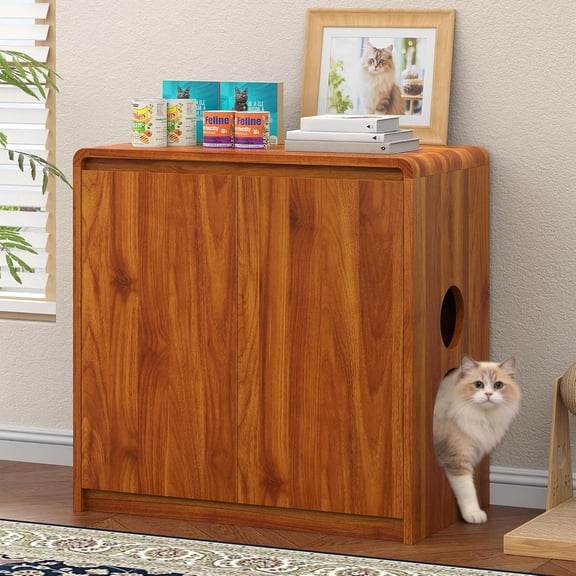 Winkalon Cat Litter Box Enclosure Furniture Wood Cat Hidden Washroom Farmhouse Storage Side Table Barn Door, Brown
