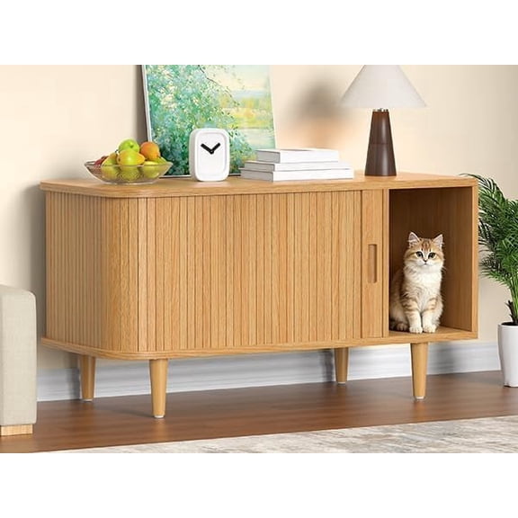 Winkalon Cat Litter Box Enclosure with Sliding Tambour Door, 37.4" Hidden Litter Box Furniture, Wood Cat Litter Box Cabinet for Living Room, Oak