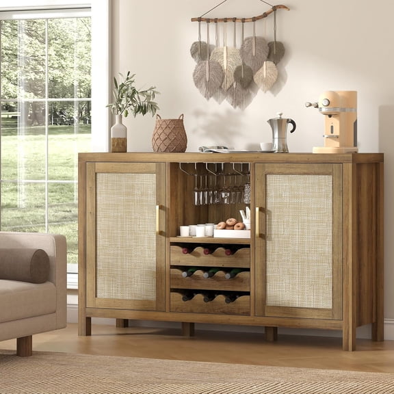 Winkalon Coffee Bar Cabinet, 47.2" Rattan Sideboard Buffet Cabinet with Storage, Boho Farmhouse Liquor Cabinet with Wine Racks for Living Dining Room Kitchen, Caramel Oak