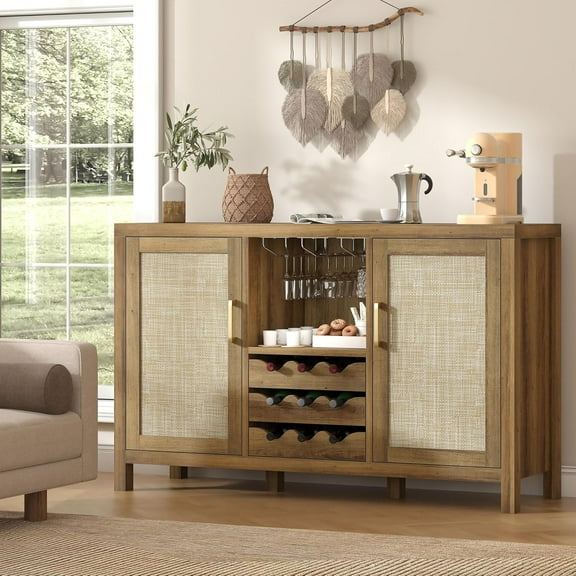 Winkalon Coffee Bar Cabinet, 47.2" Rattan Sideboard Buffet Cabinet with Storage, Boho Farmhouse Liquor Cabinet with Wine Racks for Living Dining Room Kitchen, Caramel Oak