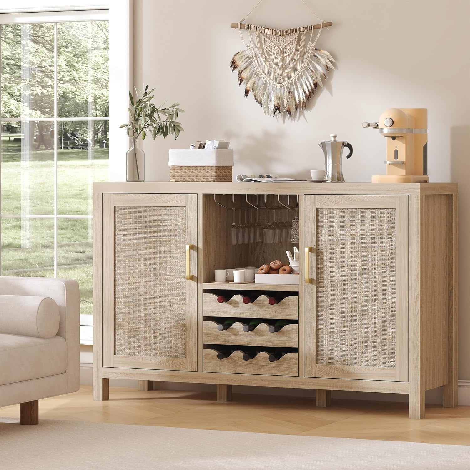 Winkalon Coffee Bar Cabinet, 47.2" Rattan Sideboard Buffet Cabinet with Storage, Boho Farmhouse Liquor Cabinet with Wine Racks for Living Dining Room Kitchen, Natural