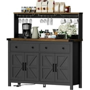 Winkalon Coffee Bar Cabinet with Hutch, 55" W Kitchen Buffet Sideboard Cabinet with 2 Drawers & USB Power Station, Black