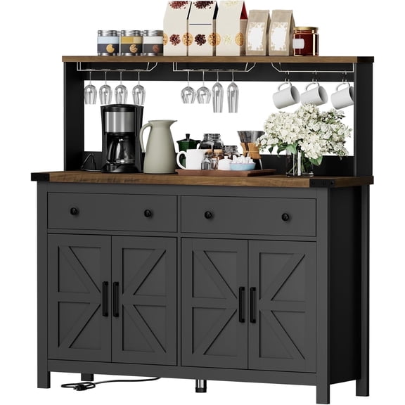 Winkalon Coffee Bar Cabinet with Hutch, 55" W Kitchen Buffet Sideboard Cabinet with 2 Drawers & USB Power Station, Black