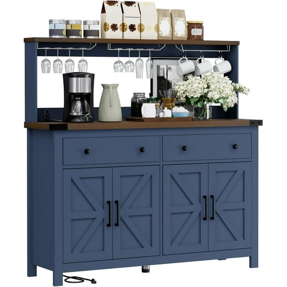 Winkalon Coffee Bar Cabinet with Hutch, 55" W Kitchen Buffet Sideboard Cabinet with 2 Drawers & USB Power Station, Blue
