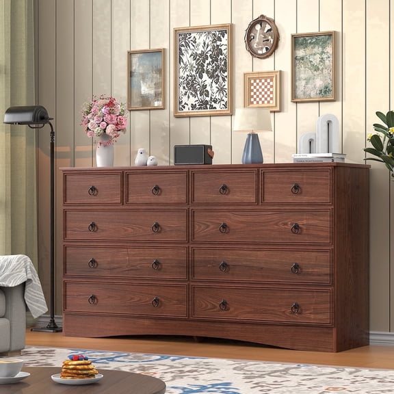 Winkalon Farmhouse 10 Drawer Dresser, 55" Long Dressers for Bedroom, Chest of Drawers Closet Organizers and Storage Clothes for Living Room, Hallway, Cherry