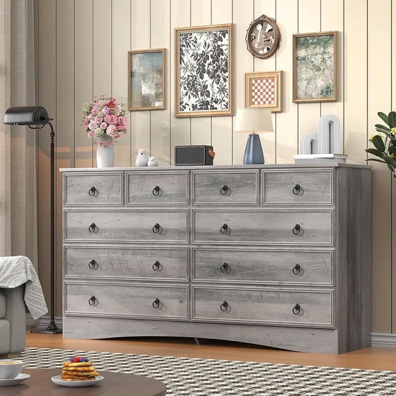 Winkalon Farmhouse 10 Drawer Dresser, 55" Long Dressers for Bedroom, Chest of Drawers Closet Organizers and Storage Clothes for Living Room, Hallway, Gray