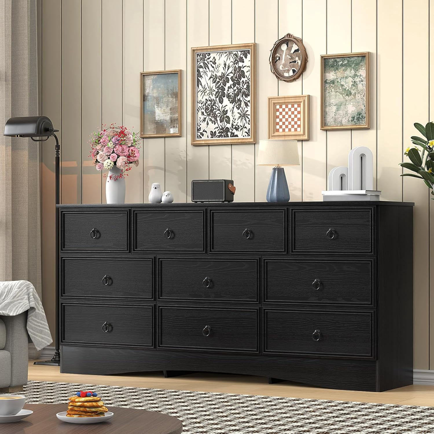 long black dresser Mid-Century 3-Drawer Arched Oak (Set of 3) brass hardware Likimio 59.1-in W Brown and