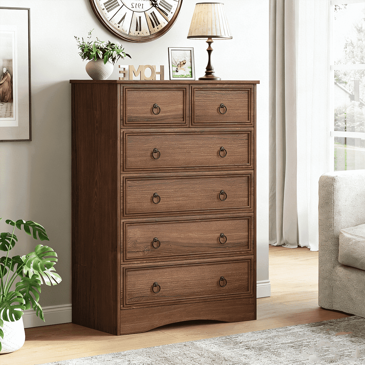 Winkalon Farmhouse 6 Drawers Dresser Chests for Bedroom, Cherry 6 Chest of Drawers, Wood Dressers Organizer for Closet, Modern Storage Organizer Cabinet for Bedroom,Living Room,Hallway & Entryway