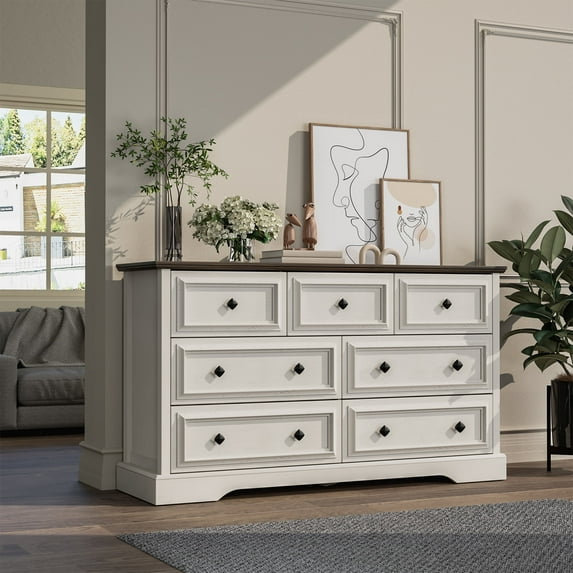 Winkalon Farmhouse 7 Drawer Dresser for Bedroom, 53.93 Inch Wide Modern Wood Chest of Drawers for Bedroom, Living Room, White