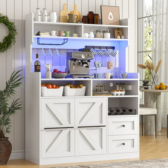 Winkalon Farmhouse Coffee Bar with LED Lights, 41.3 inch Coffee Bar Cabinet with Storage, Wine Bar Cabinet with Wine and Glass Rack for Living, Dining Room, White