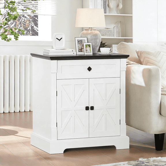 Winkalon Farmhouse End Table, 29.9'' Sofa Side Table with Drawer and Barn Door, Large Rustic Wooden Square Nightstand for Bedroom, Living Room, White