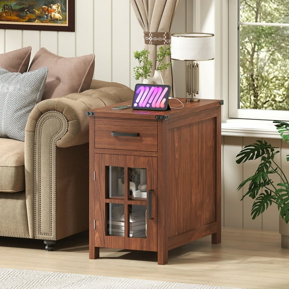 Winkalon Farmhouse End Table with Charging Station, Sofa Side Table with Drawer and Storage Cabinet, Small Nightstand for for Living Room, Bedroom