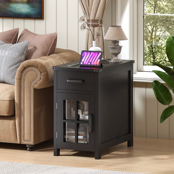 Winkalon Farmhouse End Table with Charging Station, Sofa Side Table with Drawer and Storage Cabinet, Small Nightstand for for Living Room, Bedroom