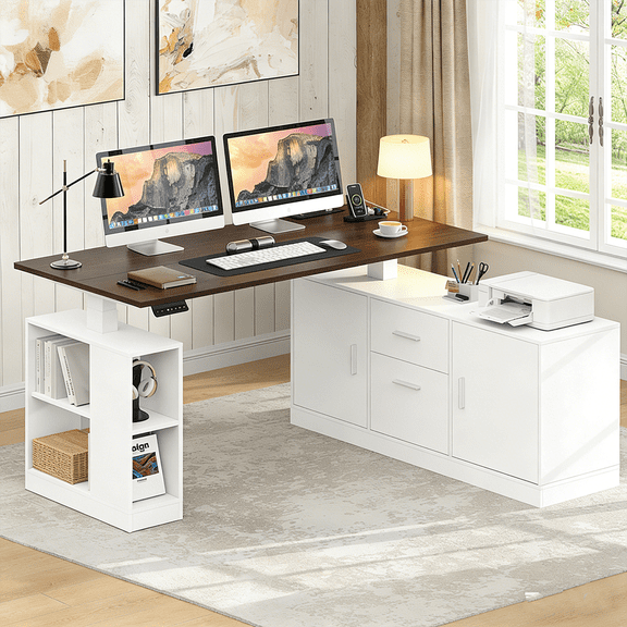 Winkalon Farmhouse L Shaped Electric Standing Desk, 55" x 47" Height Adjustable Home Office Executive Desk with Drawers and Shelves, Standing Computer Desks with Power Outlet for Home Office, White