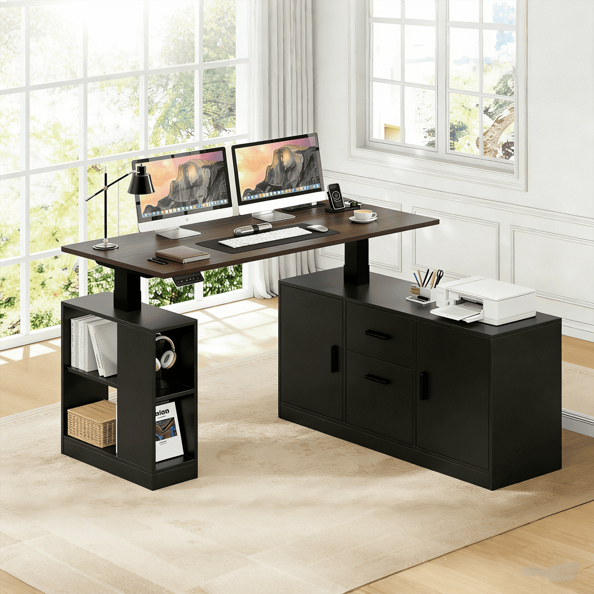 吉*様  everyone Optimal Prima Loft L Winkalon Farmhouse L Shaped Electric Standing Desk, 55