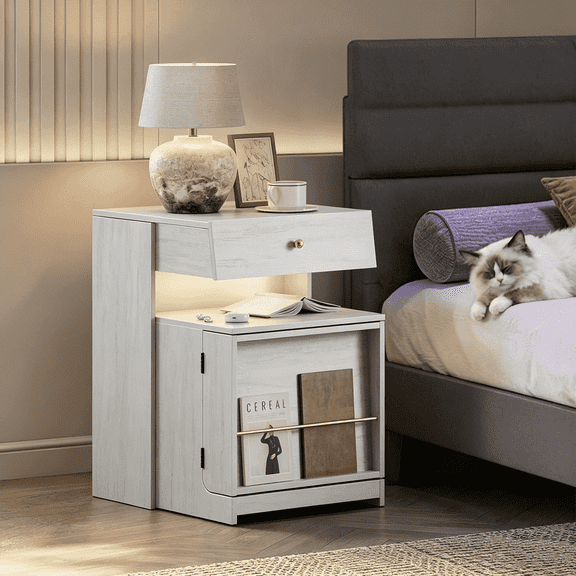 Winkalon Farmhouse Nightstand with Charging Station and Sliding Drawer, Rustic Wood Bed Side Tables with Open Storage Shelf, Bedroom Living Room,White