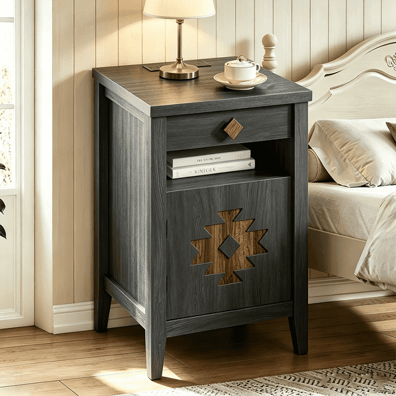 Winkalon Farmhouse Nightstand with Charging Station and Slidin Drawer, Rustic Wood Bed Side Tables with Open Storage Shelf, Bedroom Living Room,Black