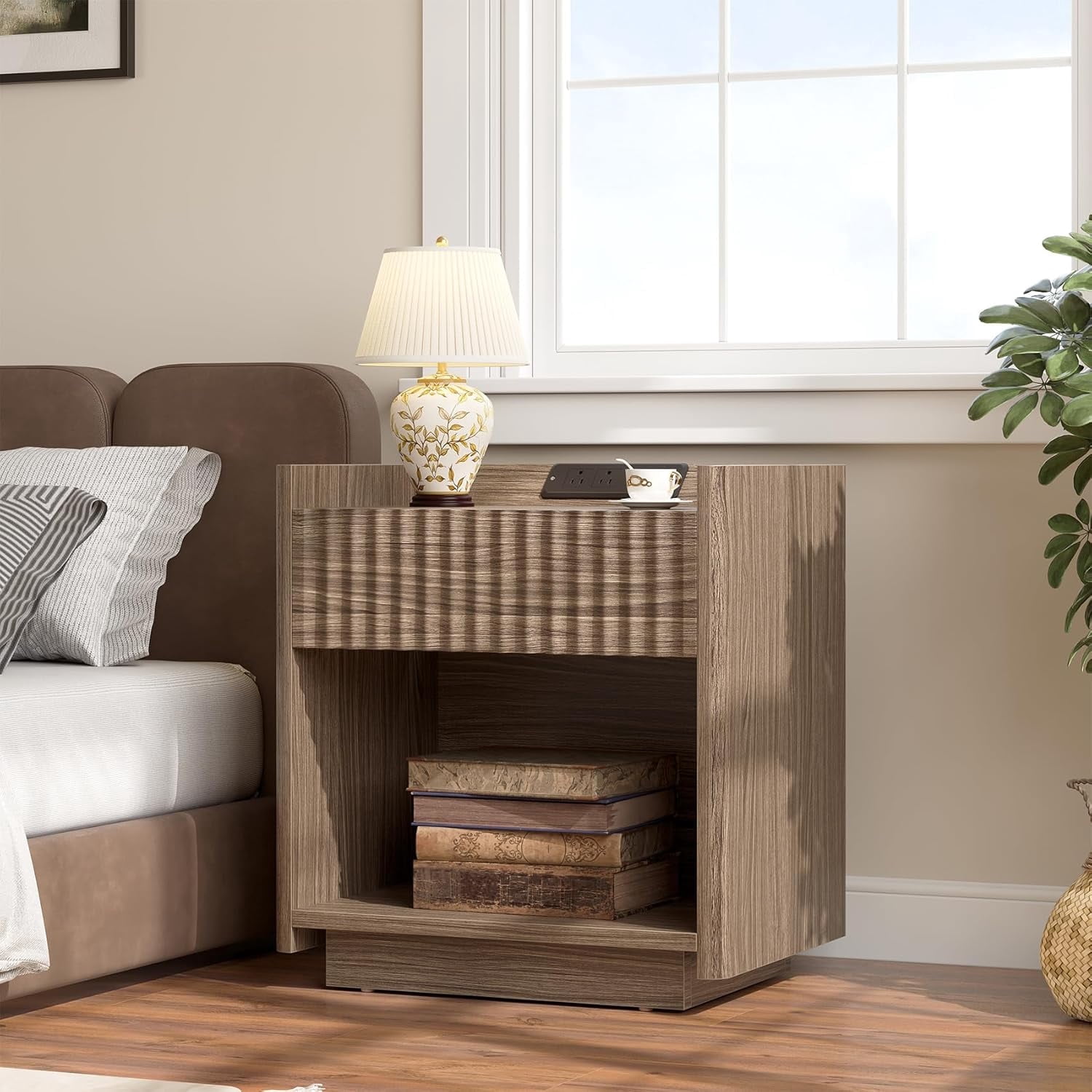 Winkalon Fluted Nightstands for Bedroom, Farmhouse Bedside Tables with Drawer & Open Shelf, Wood End Table for Living Room,Walnut