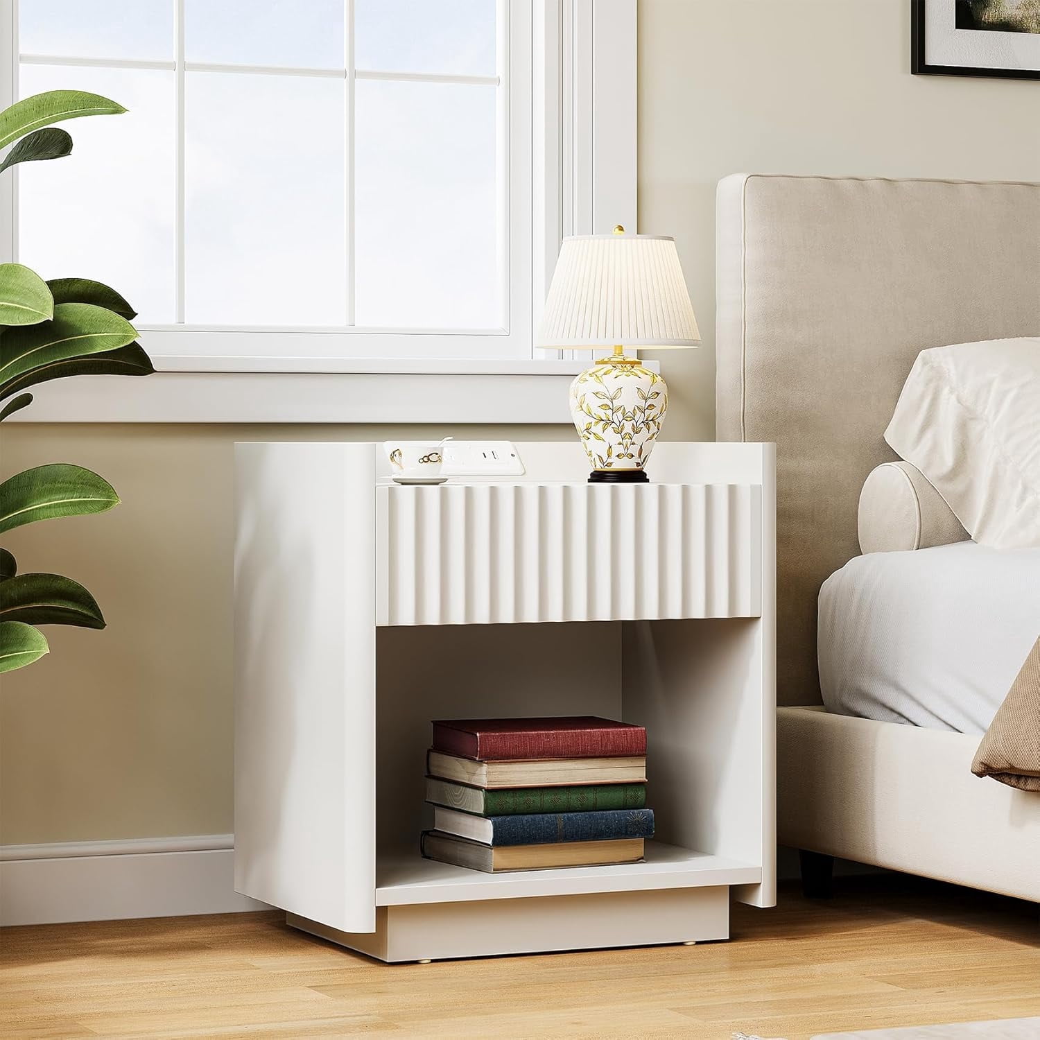 Winkalon Fluted Nightstands for Bedroom, Farmhouse Bedside Tables with Drawer & Open Shelf, Wood End Table for Living Room,White