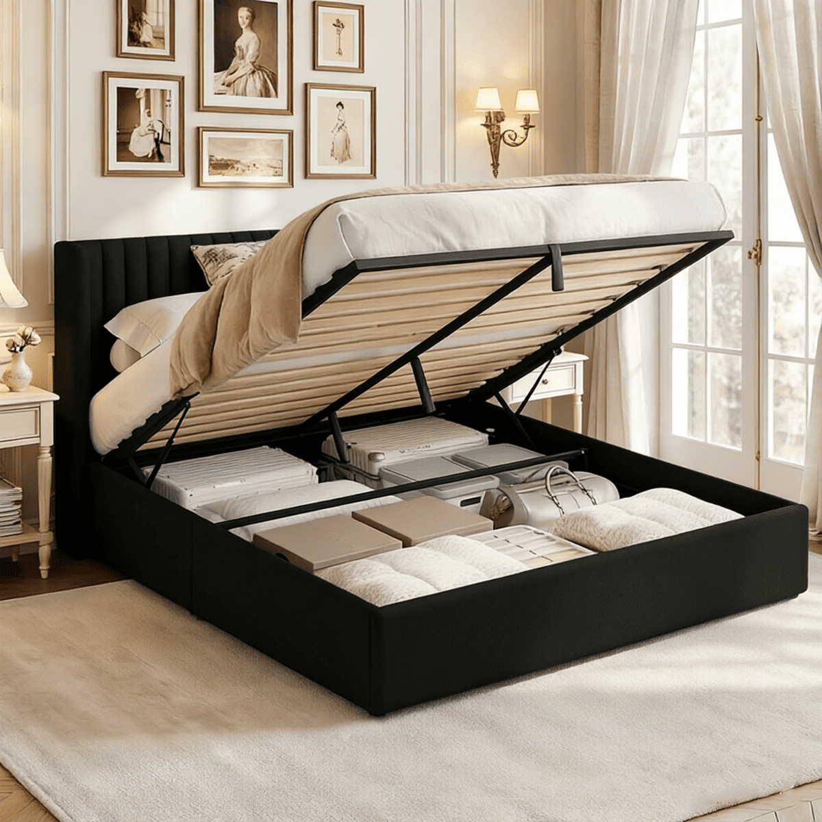 Winkalon Full Size Lift-Up Storage Bed Frame with Modern Wingback Headboard, Linen Upholstered Platform Bed, Hydraulic Gas Lift Support, Underbed Storage, Wooden Slats, No Box Spring Needed, Black