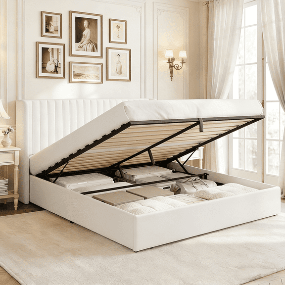 Winkalon Full Size Lift-Up Storage Bed Frame with Modern Wingback Headboard, Linen Upholstered Platform Bed, Hydraulic Gas Lift Support, Underbed Storage, Wooden Slats, No Box Spring Needed, White