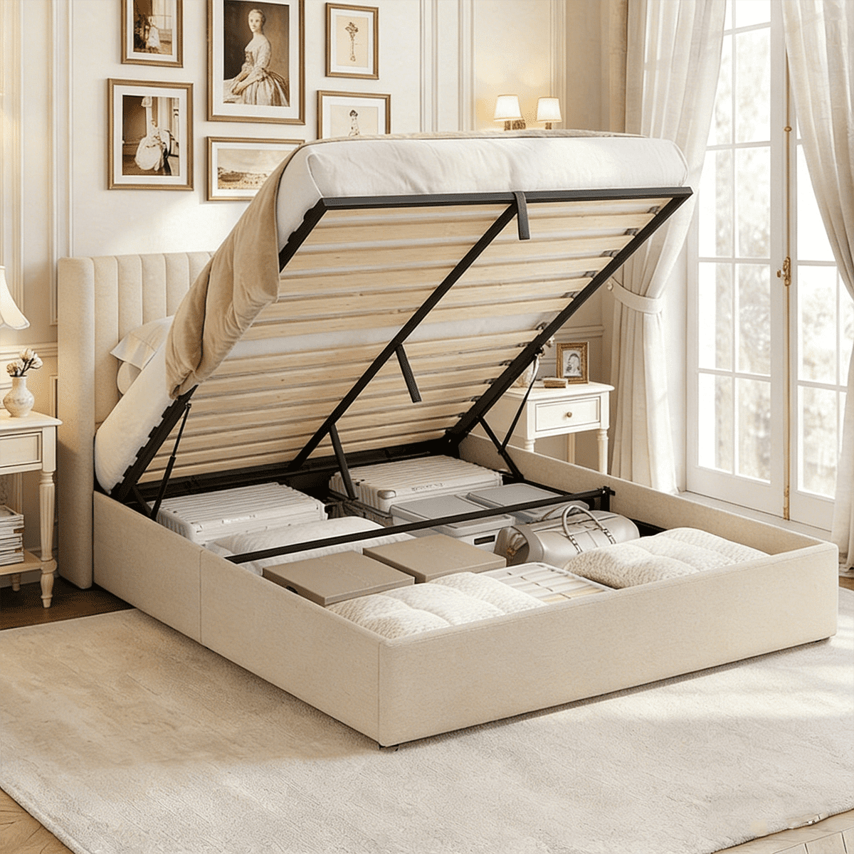Winkalon Full Size Lift-Up Storage Bed Frame with Modern Wingback Headboard, Linen Upholstered Platform Bed, Hydraulic Gas Lift Support, Underbed Storage, Wooden Slats, No Box Spring Needed, Beige