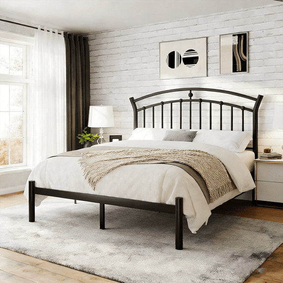 Winkalon Full Size Metal Platform Bed Frame with Victorian Style Iron-Art Headboard, Easy Assembly, Under Bed Storage, No Box Spring Required,Black