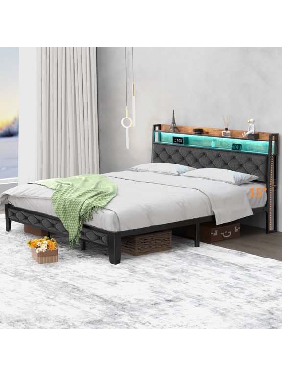 Full Size Upholstered Platform Bed Frame with Charging Station & LED Lights,Light Gray