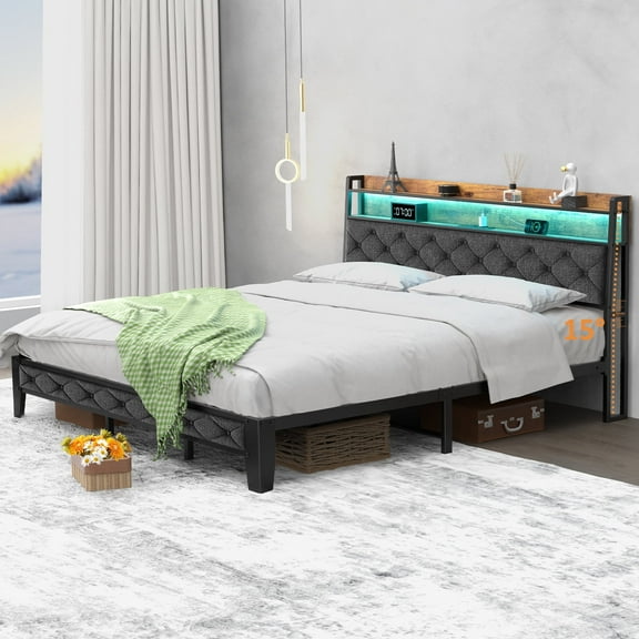 Winkalon Full Size Upholstered Platform Bed Frame with Charging Station & LED Lights,Light Gray