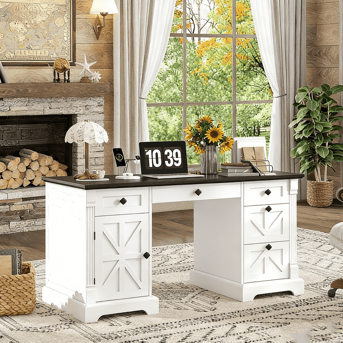 Winkalon Home Office Desk with File Cabinet and Drawers, 55" Executive Desk with USB Power Outlet, Storage Cabinet for Workstation Table for Study, White